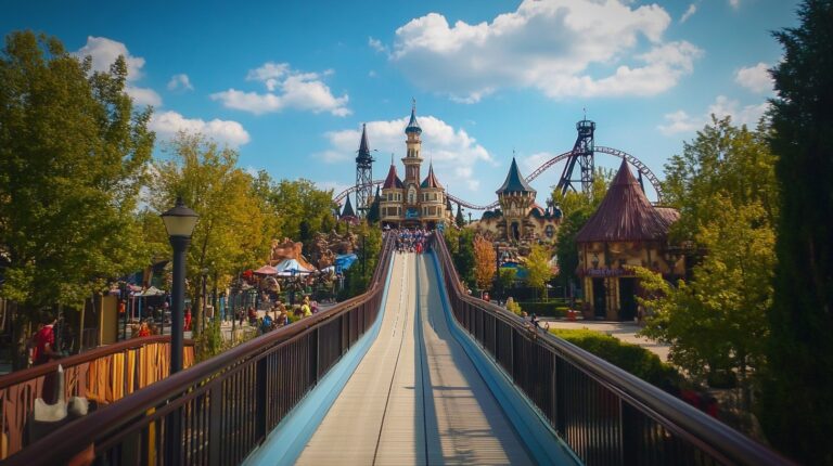 A scenic view of a theme park entrance with a castle, surrounded by roller coasters, trees, and lively attractions under a bright blue sky