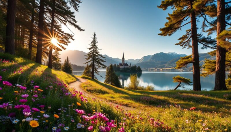 Lake Bled blooming flowers and peaceful trails